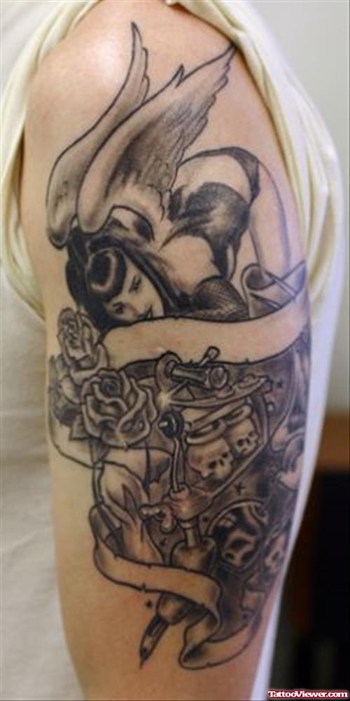 Grey Ink Gothic Tattoo On Man Left Half Sleeve