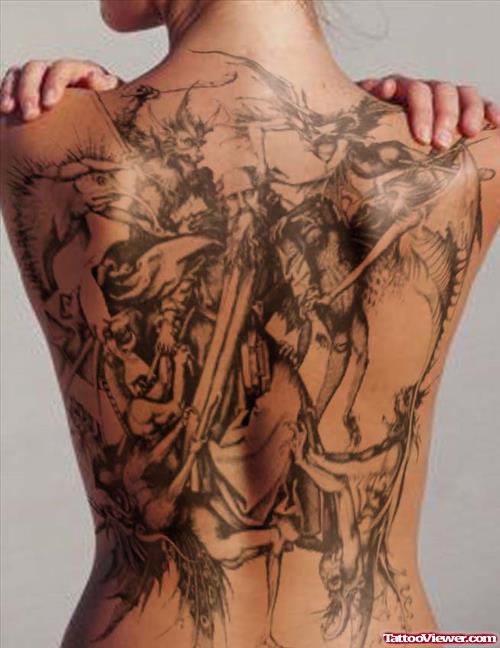 Grey Ink Gothic Tattoo On Full Back