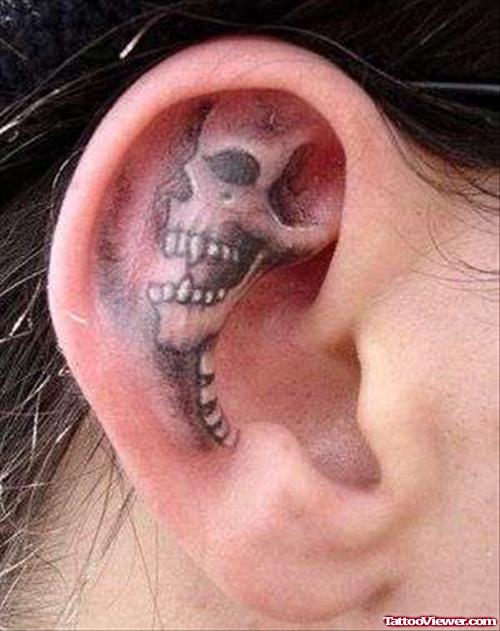 Grey Ink Gothic Skull Tattoo Inside Ear