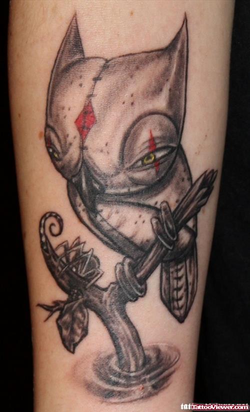 Grey Ink Gothic Owl Tattoo On Sleeve