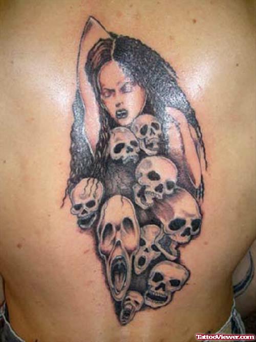 Grey Ink Gothic Skulls Tattoos On Back