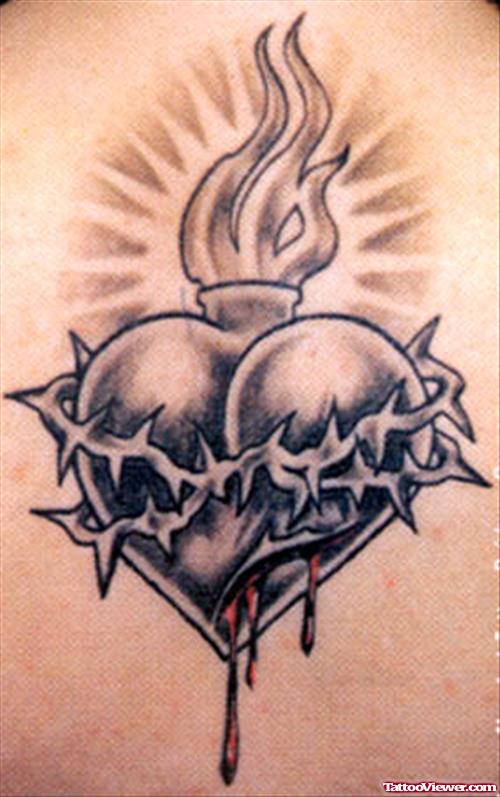 Grey Ink Flaming Gothic Heart Tattoo