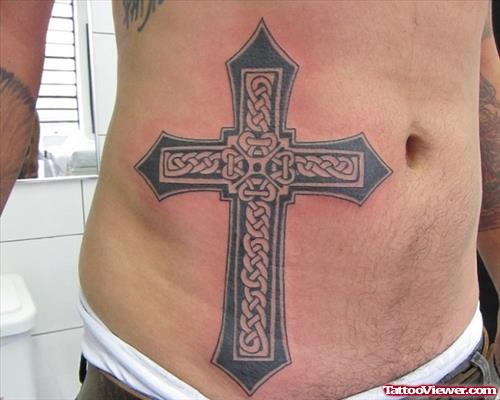 Gothic Cross Tattoo On Right Hip