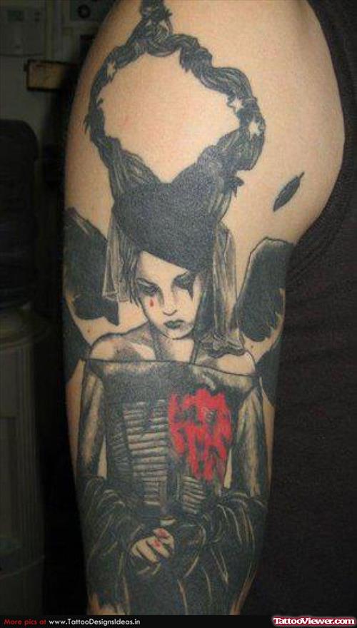 Black ink Gothic Angel Tattoo On Right Sleeve