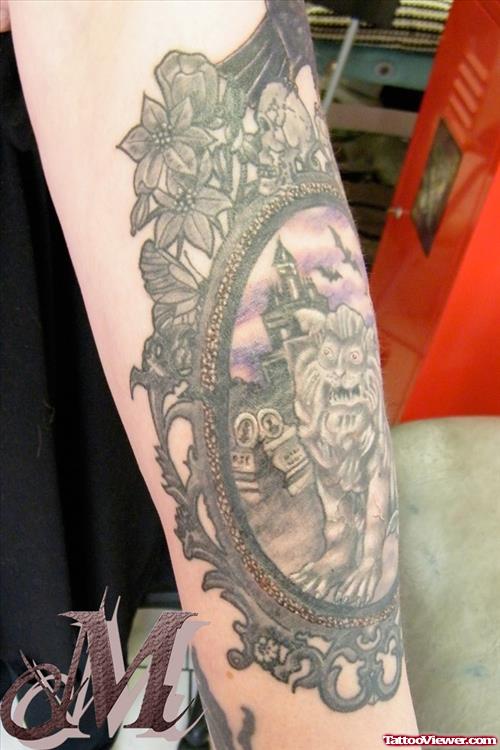 Amazing Grey Ink Gothic Mirror Tattoo On Sleeve