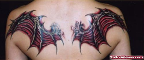 Red Gothic Winged Tattoo On Back