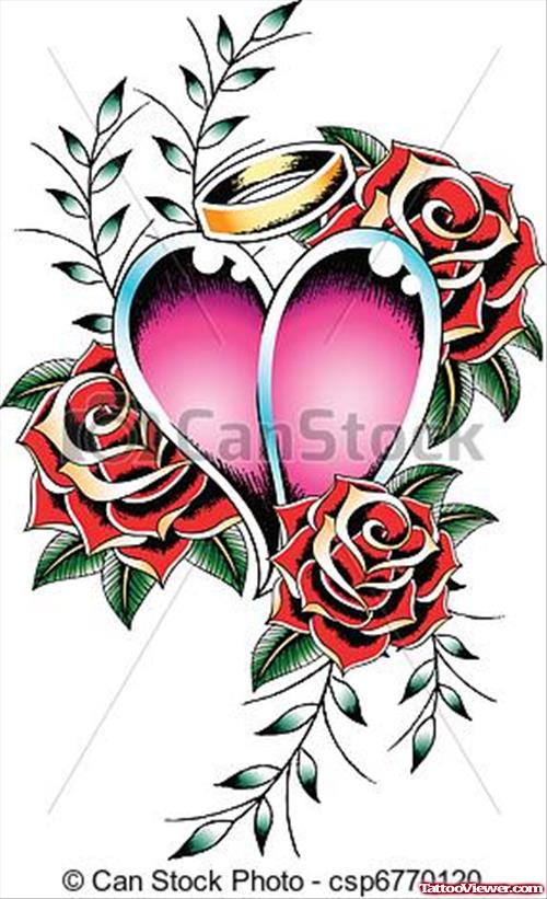 Gothic Rose Flowers and Angel Heart Tattoo Design