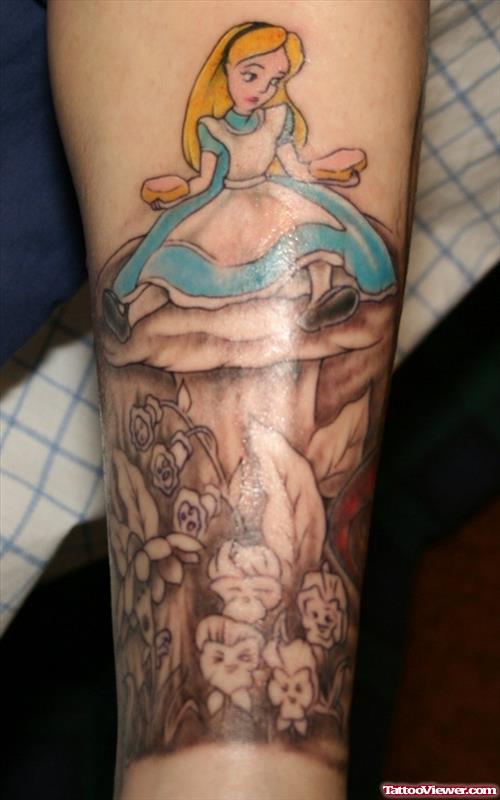 Girl Sitting On Gothic Mushroom Tattoo On Arm