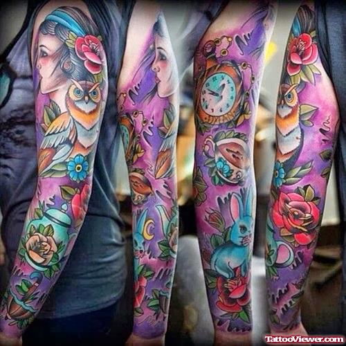 Colored Gothic Tattoo On Full Sleeve