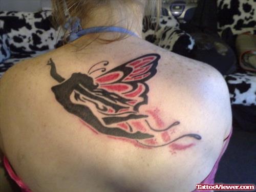 Awesome Colored Gothic Fairy Tattoo On Upperback