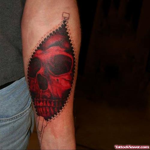 Red Ink Gothic Tattoo On Left Arm