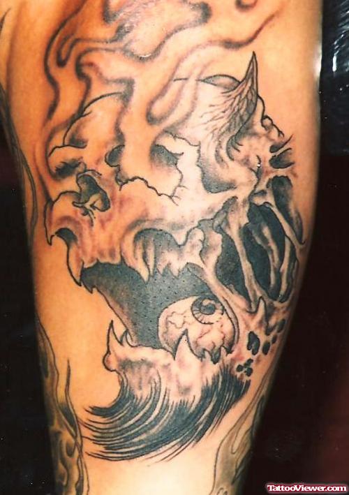 Grey Ink Gothic Tattoo On Leg