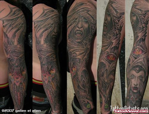 Grey Ink Gothic Tattoo On Full Sleeve
