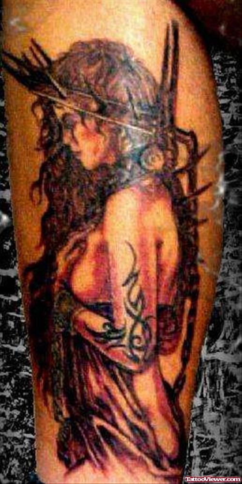 Grey Ink Gothic Girl Tattoo On Leg