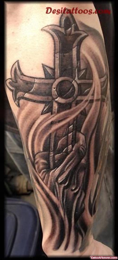 Grey Ink Gothic Cross Tattoo On Sleeve