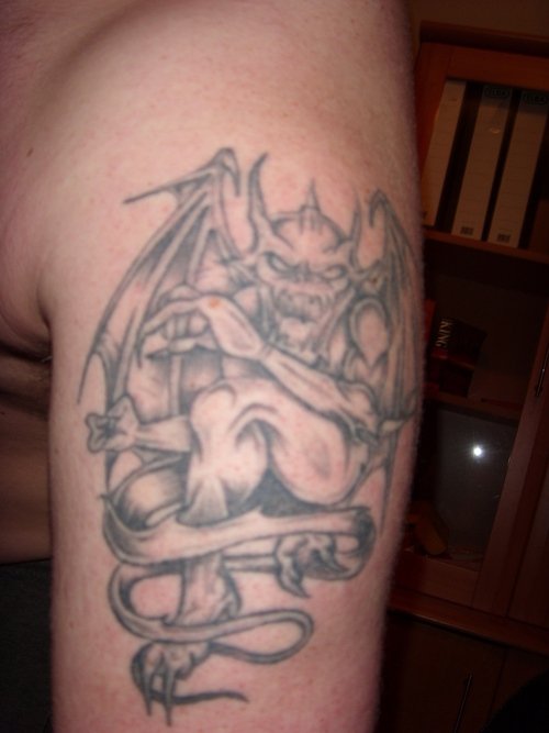 Grey Ink Gothic Tattoo On Left Half Sleeve