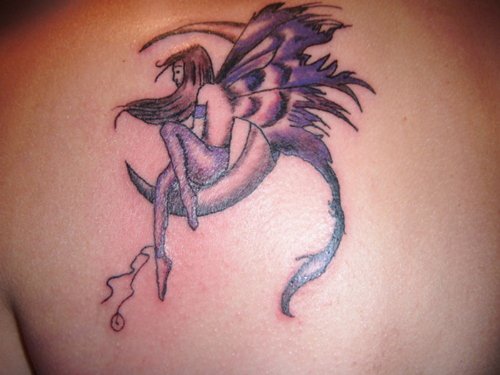 Grey Ink Moon And Fairy Gothic Tattoo On Back