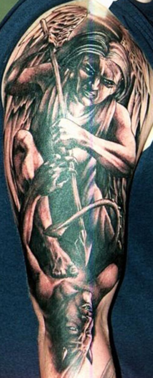 Dark Ink Gothic Tattoo On Right Sleeve