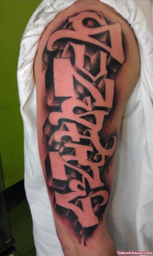 Grey Ink Graffiti Tattoo On Right Sleeve