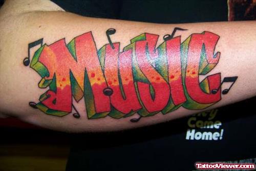 Music Graffiti Tattoo On Man Right Sleeve