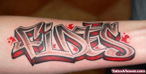 Grey And Red Ink Graffiti Tattoo On Arm