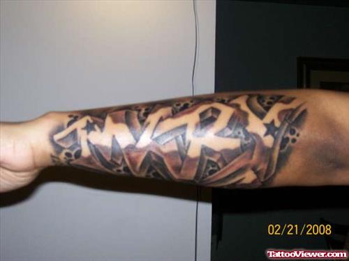 Classic Grey Ink Graffiti Tattoo On Left Sleeve