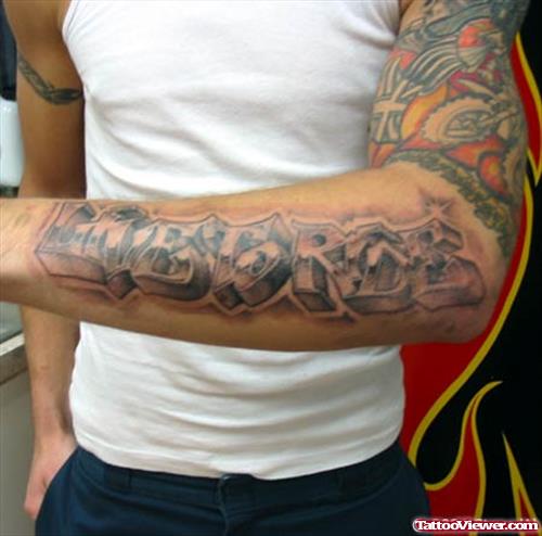 Best Grey Ink Graffiti Tattoo On Man Left Sleeve