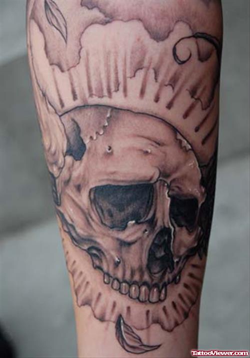 Grey Ink Skull Graffiti Tattoo On Sleeve