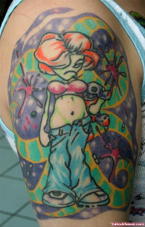 Colored Graffiti Tattoo On Man Right Half Sleeve