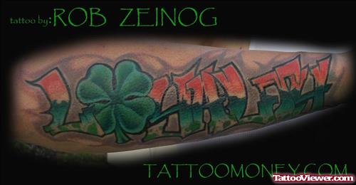 Awesome Green Clover Leaf And Graffiti Tattoo