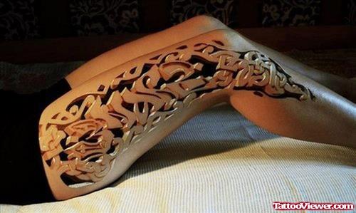 3D Graffiti Tattoo on Leg Sleeve