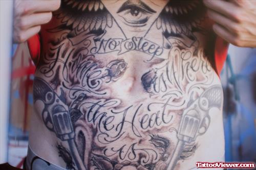 Grey Ink Graffiti Tattoo On Belly