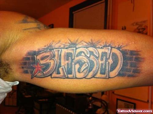 Grey Ink Blessed Graffiti Tattoo On Right Sleeve