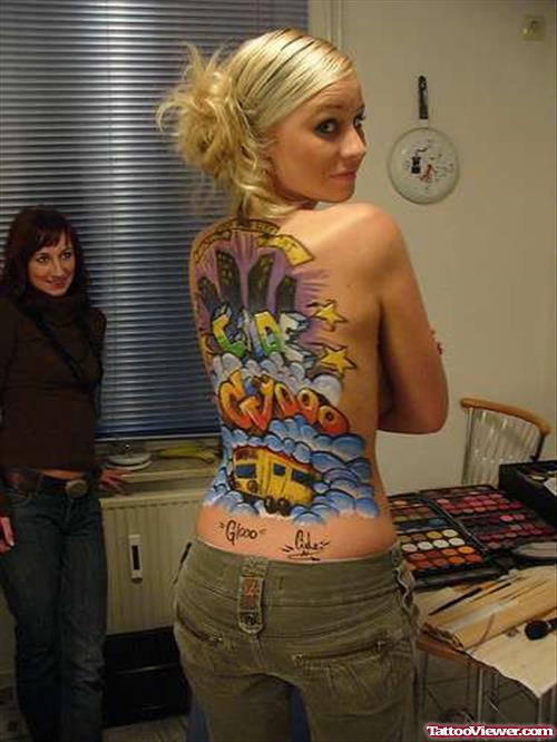 Awesome Color Ink Graffiti Tattoo On Girl Back Body