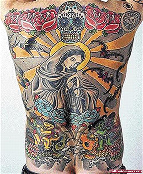 Awesome Color Graffiti Tattoo On Man Back Body