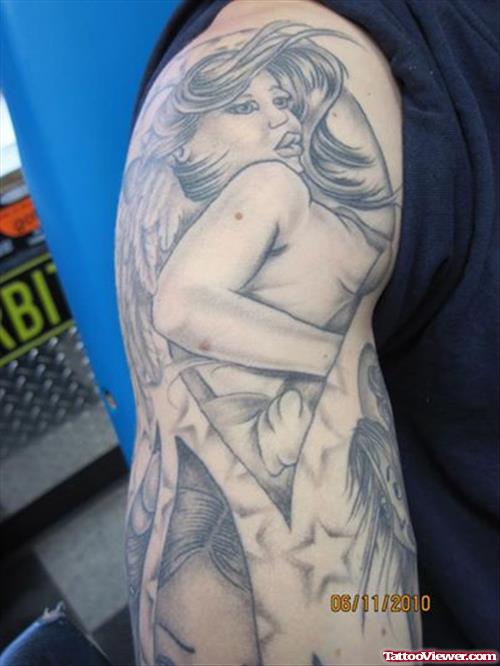 Amazing Grey Ink Graffiti Tattoo On Man Right Sleeve