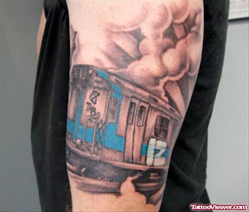 Grey Ink Graffiti Tattoo On Man Left Half Sleeve