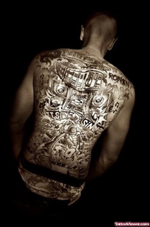 Grey Ink Graffiti Tattoo On Man Full Back