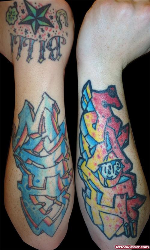 Colored Graffiti Tattoos On Both Sleeves