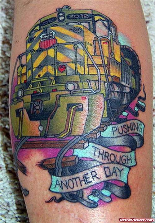 Awesome Colored Graffiti Tattoo On Leg