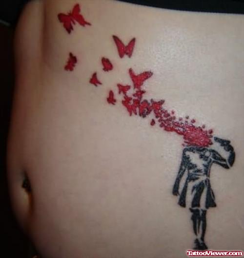 Red Butterflies And Shooting Head Girl Graffiti Tattoo