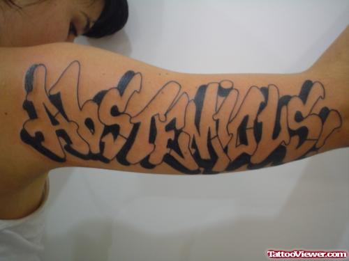 Grey Ink Graffiti Tattoo On Girl Sleeve