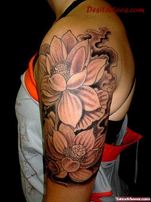 Grey Flower Graffiti Tattoo On Left Half Sleeve