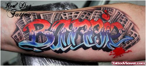 Colored Ink Graffiti Tattoo On Left Sleeve