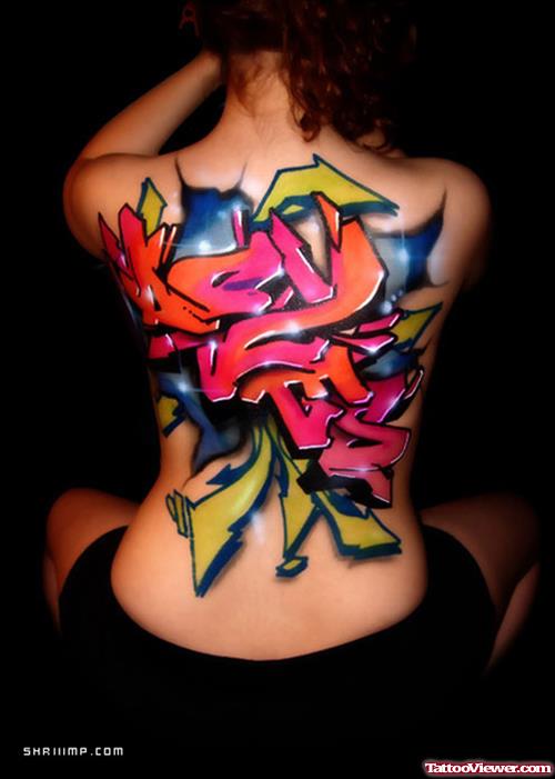 Colored Graffiti Tattoo On Girl Back Body