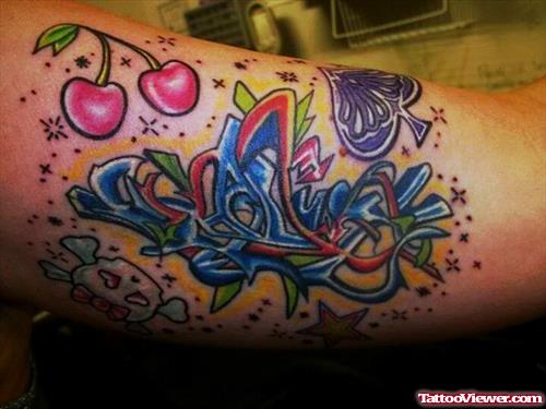 Color Ink Cherry and Graffiti Tattoo On Half Sleeve