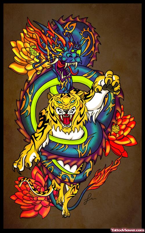 Color Dragon And Tiger Graffiti Tattoo Design