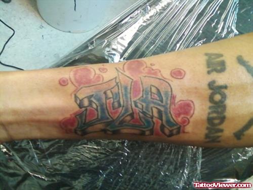 Grey Ink Graffiti Tattoo On Right Arm