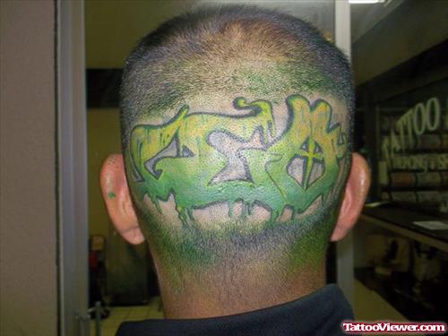 Green Ink Graffiti Tattoo On Man Head