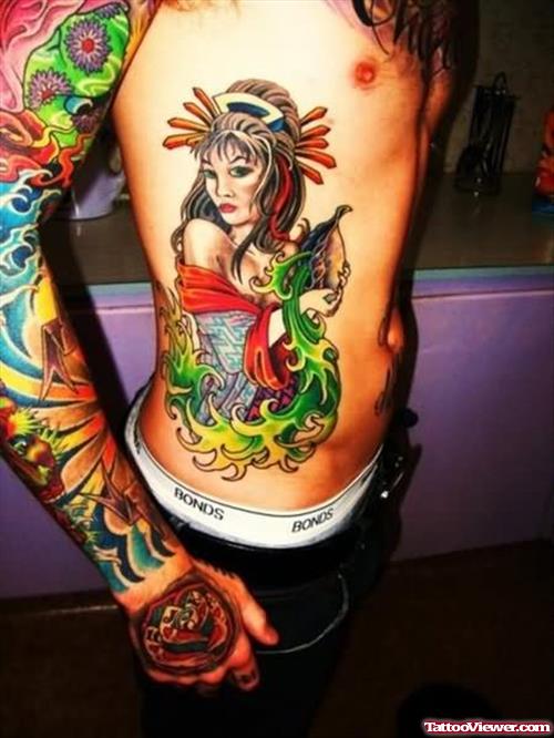 Colored Graffiti Tattoo On Right Sleeve And Side